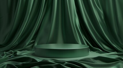 Luxury natural green product display podium stand on green velvet curtain background, for product showcase, curation, cosmetic product show.