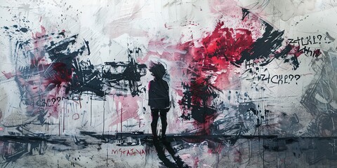 Obraz premium artful graffiti style illustration, children dream and hope concept, young child with messy grungy wall, Generative Ai