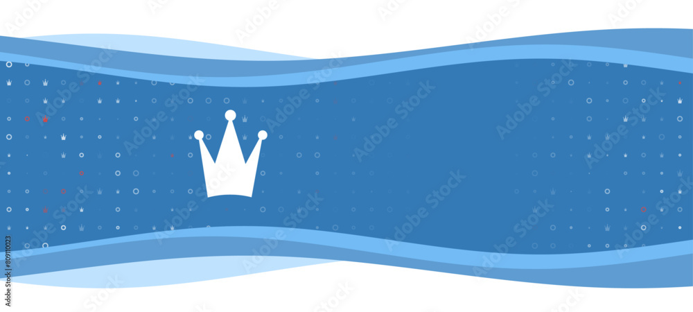 Poster blue wavy banner with a white crown symbol on the left. on the background there are small white shap