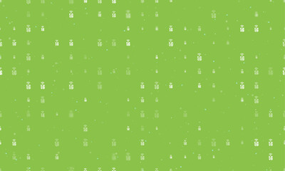 Seamless background pattern of evenly spaced white 5G symbols of different sizes and opacity. Vector illustration on light green background with stars