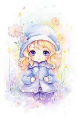 An illustration of a cute anime girl with blonde hair and blue eyes