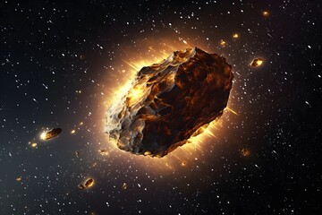 Shining asteroid in the space with stars and nebula
