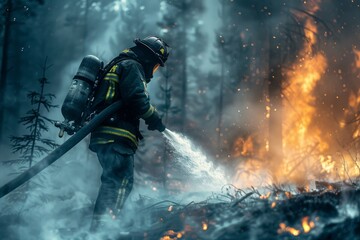 A firefighter, equipped with a hose and protective gear, combats a fierce wildfire, with flames and smoke engulfing the forest around him.
