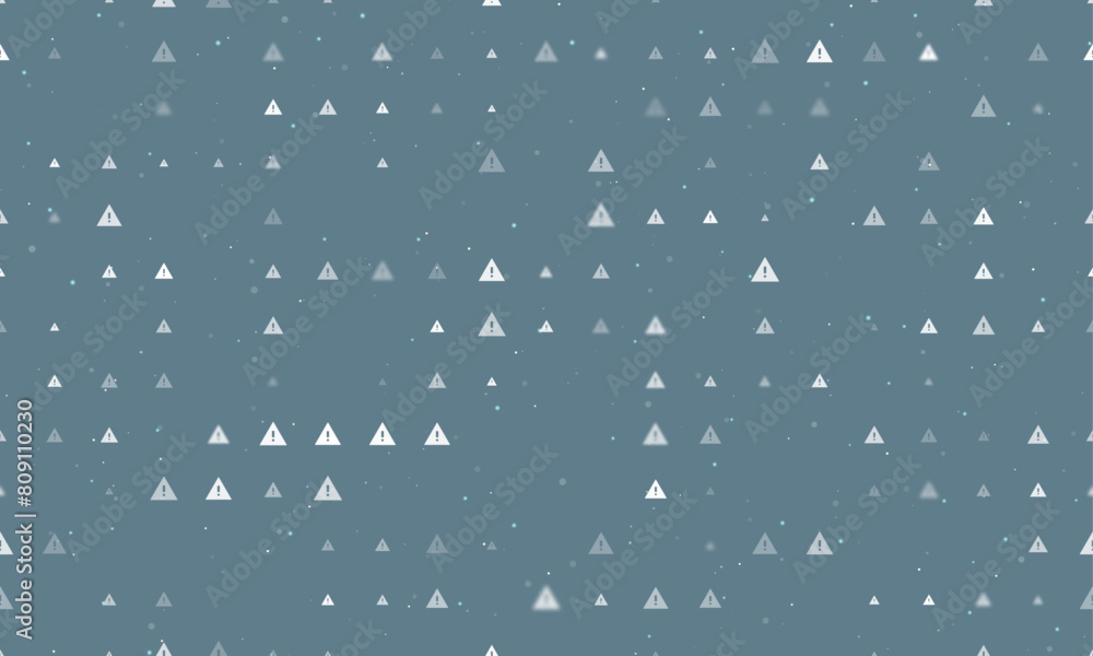 Poster seamless background pattern of evenly spaced white warning symbols of different sizes and opacity. v