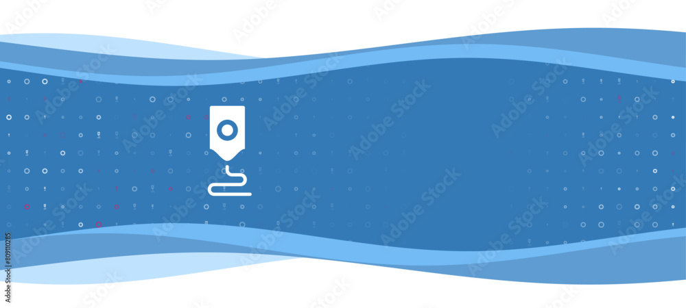 Poster blue wavy banner with a white 3d printer symbol on the left. on the background there are small white