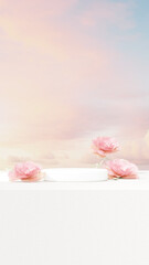 3D rendering image illustration of empty space podium display for product mockup flower background in landscape