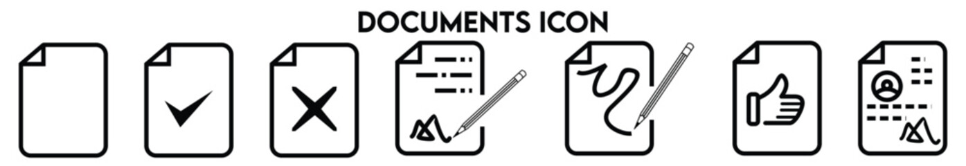 Document icons in line style. Clipboard, certificate, accept, approved, invoice, archive, collection.