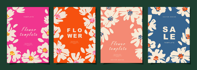 Floral template set for poster, card, cover, wall art, banner in modern minimalist style and simple summer design templates with flowers and plants. - obrazy, fototapety, plakaty