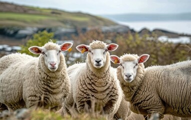 Fototapeta premium Trio of Curious Sheep by the Sea