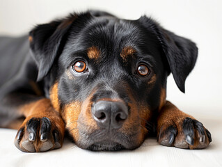 Obraz premium Cute, playful, young dog, Rottweiler, pet, Headshot, Portrait, photorealistic, transparent, png, AI