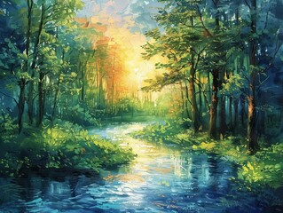 Craft a visual ode to Earths harmony by depicting a river serenading the forest, intertwining music expressions and environmental conservation in a serene, Impressionistic scene