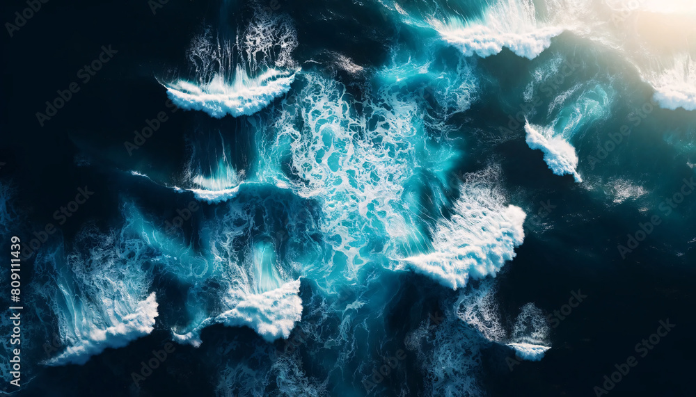 Poster the ocean capturing the dynamic interaction between the water's deep blue tones and the frothy white