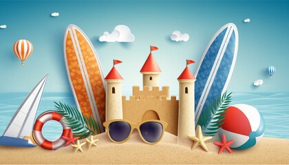 summer holiday theme set against a sky blue backdrop, featuring stylized beach elements like sandcastles, surfboards, beach balls, and sunglasses beach art rendered painting background