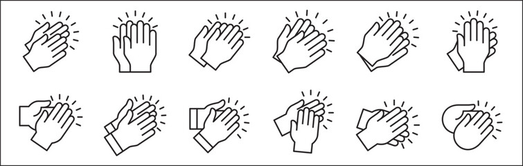 Hand clapping icon. Applause symbol. Hand claps icon set symbol of acclamation, compliment, appreciation, ovation, bravo, congratulation. Sign of applaud in outline graphic design and illustration.