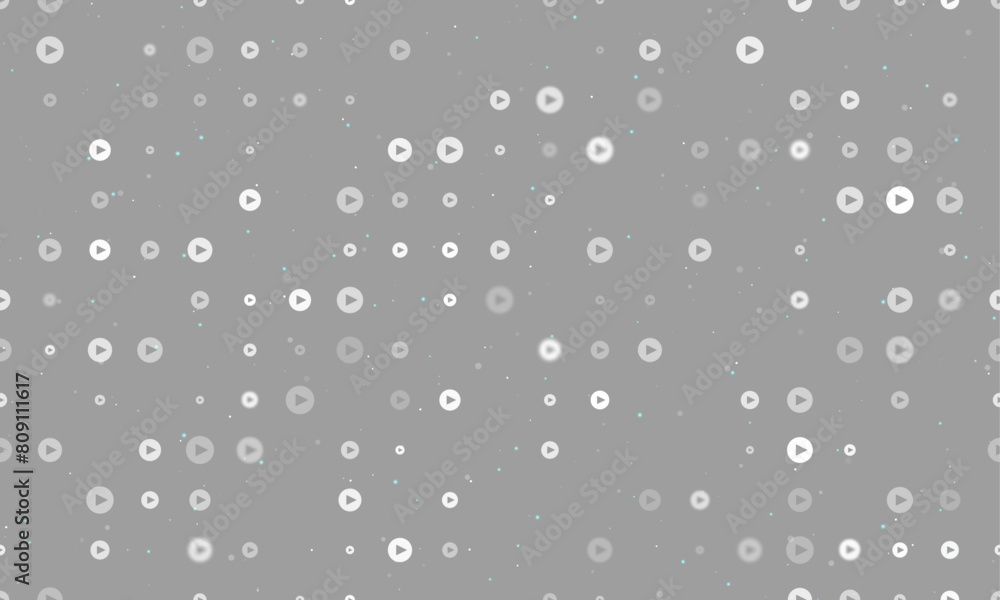 Poster seamless background pattern of evenly spaced white play symbols of different sizes and opacity. vect
