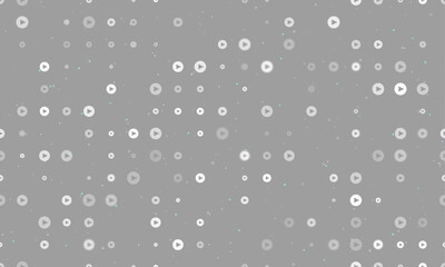 Seamless background pattern of evenly spaced white play symbols of different sizes and opacity. Vector illustration on grey background with stars