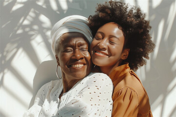 Black family old senior mother and happy daughter hugging together. Senior African American woman with her child portrait - Powered by Adobe