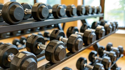 Fototapeta premium set of dumbbells arranged on a rack