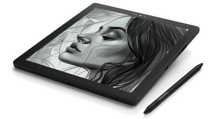a sleek digital drawing tablet and a stylus pen