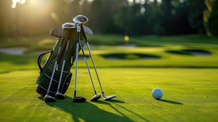 A golf set leaning against a golf bag
