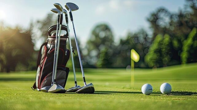 A golf set leaning against a golf bag