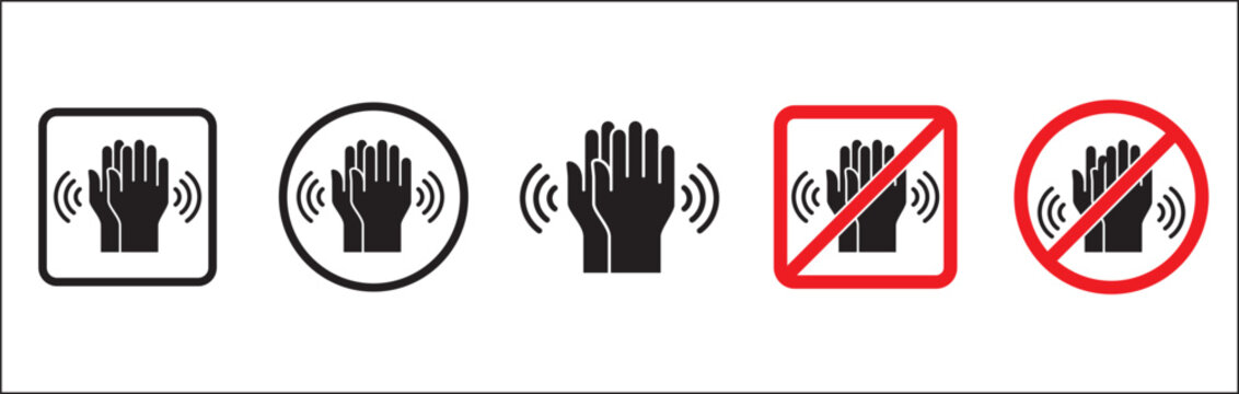 Forbidden hand clapping icons. No applaud signs. Keep silent, quiet, don't disturb signs and symbols. Vector stock illustration. Forbidden sign in round and square shape.