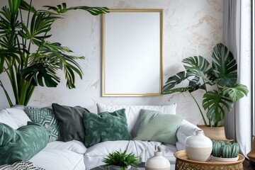 A Chic Urban Living Room Setup Featuring a Large Monstera Plant and Cozy Cushions
