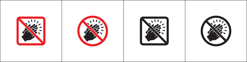 Forbidden hand clapping icons. No applaud signs. Keep silent, quiet, don't disturb signs and symbols. Vector stock illustration. Forbidden sign in round and square shape.