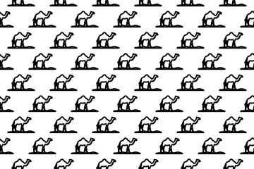 Seamless pattern completely filled with outlines of wild camel symbols. Elements are evenly spaced. Vector illustration on white background