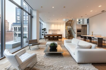 High-End Modern Living Room Featuring Sleek Furniture and Large Windows
