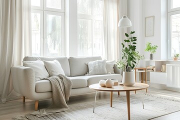 Fototapeta premium Bright Living Room with a Plush Sofa, Abstract Artwork, and Natural Light