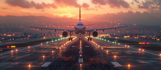 Airplane on runway at sunset