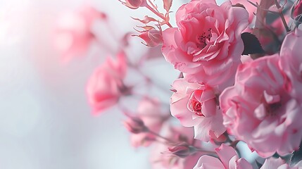 Background of pink roses in soft focus against a white backdrop, creating a dreamy and romantic...