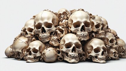 Pile of human skulls. Transparent background PNG. Pen tool cutout. Horror concept