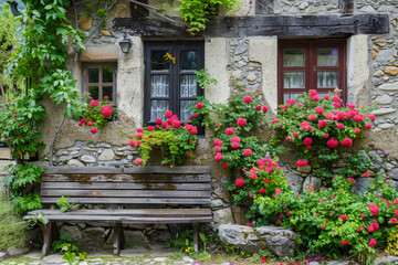 Naklejka premium Charming Rustic Stone Cottage with Blooming Red Roses and Wooden Bench