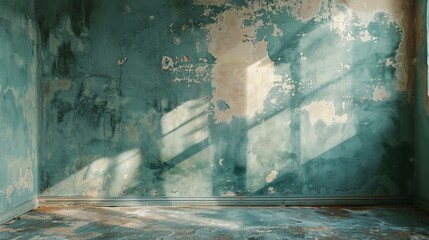 Vintage teal paint peeling off walls in a therapy room, revealing layers of history and healing.