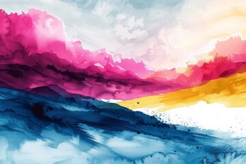 Tranquil abstract landscape with serene colors of sky blue, rose, fuchsia, and yellow. Minimalistic design perfect for desktop wallpaper.