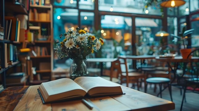 Intimate Poetry Gathering in a Cozy Cafe Setting with Books and Floral Decor