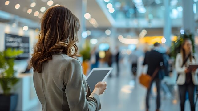 The latest tablet computer showcased at a bustling tech industry conference with people interacting with the innovative digital device on display