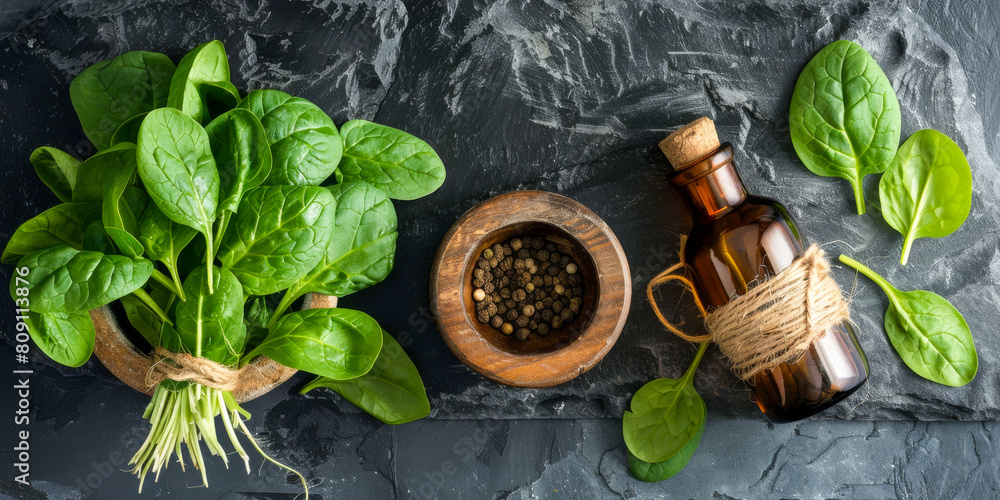 Wall mural Fresh Spinach Leaves with Herbal Extract Bottle on Dark Slate Background