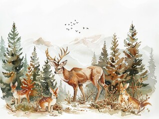 The watercolor mountain with trees and dear