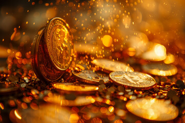 Glimmering Crypto Coins in Golden Hues with Sparkle Effect