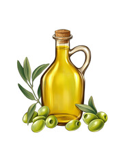 Bottle of olive oil and branch of olives illustration. Isolated on white. Hand drawn