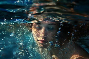 Portrait image of an innocent beautiful young mermaid girl underwater.