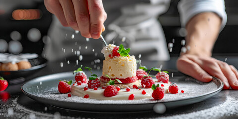 Chef Garnishing Raspberry Dessert in a Modern Kitchen