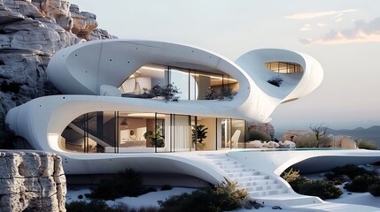 A white architectural masterpiece blending seamlessly with its natural surroundings
