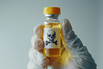 Hazardous Chemical in Vial with Skull Label Held by Gloved Hand