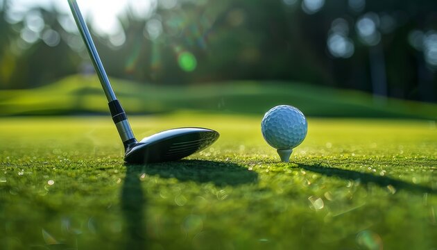 Golf ball on tee, driver ready for perfect shot against lush fairway and blue skies.