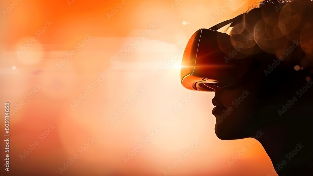 Poster exploring virtual reality: silhouette of human face with augmented reality headset. concept virtual 