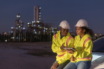Team petrochemical engineer working at night